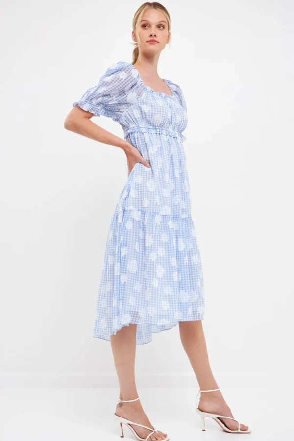 ENGLISH FACTORY Puff Sleeve | Tops*- Floral Texture with Gingham Printed Midi Dress BLUE