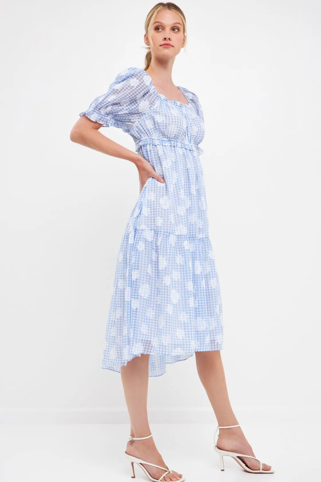 english_factory__floral_t_1-2.webp ENGLISH FACTORY Puff Sleeve | Tops*- Floral Texture with Gingham Printed Midi Dress BLUE