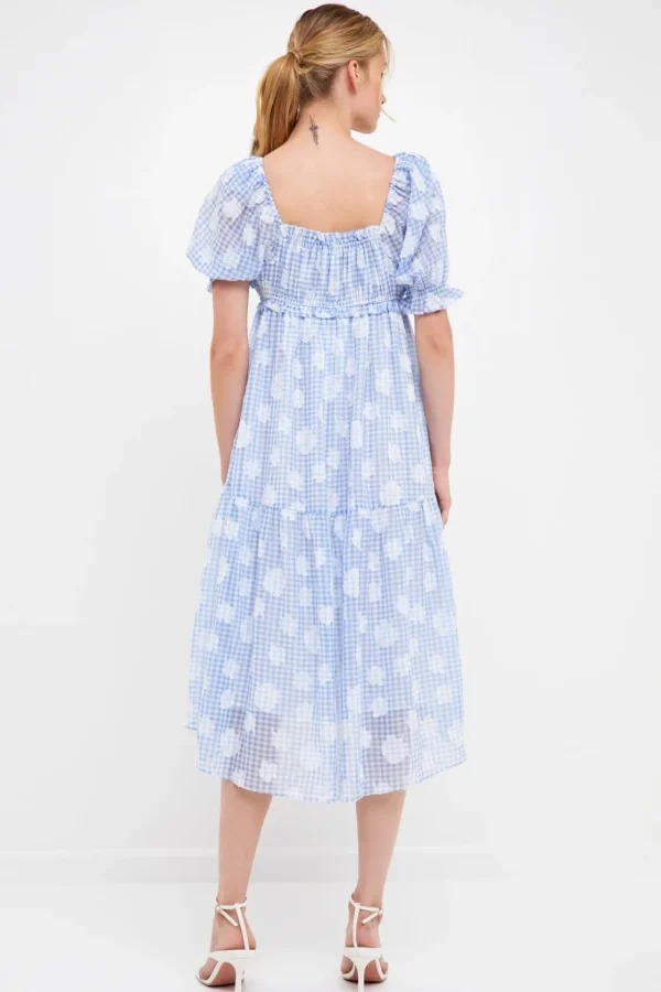 ENGLISH FACTORY Puff Sleeve | Tops*- Floral Texture with Gingham Printed Midi Dress BLUE