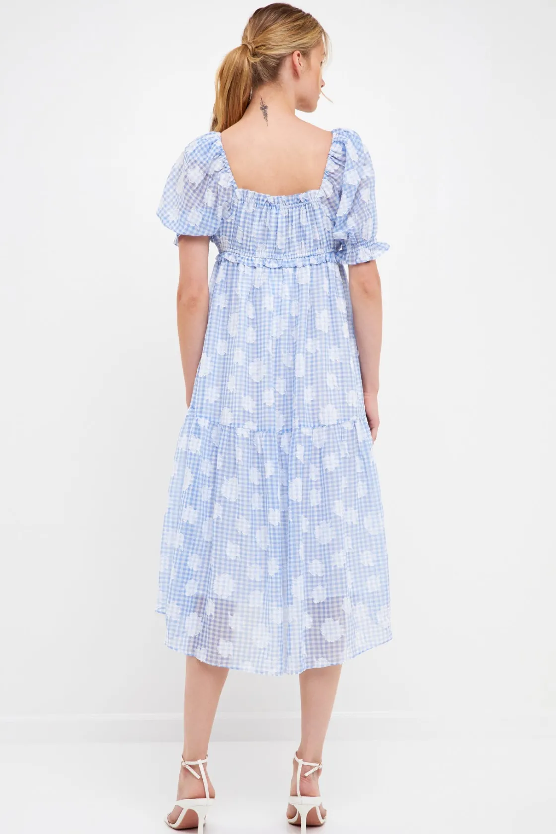 english_factory__floral_t_2-2.webp ENGLISH FACTORY Puff Sleeve | Tops*- Floral Texture with Gingham Printed Midi Dress BLUE