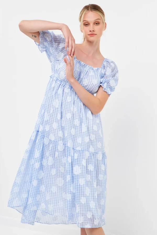 ENGLISH FACTORY Puff Sleeve | Tops*- Floral Texture with Gingham Printed Midi Dress BLUE
