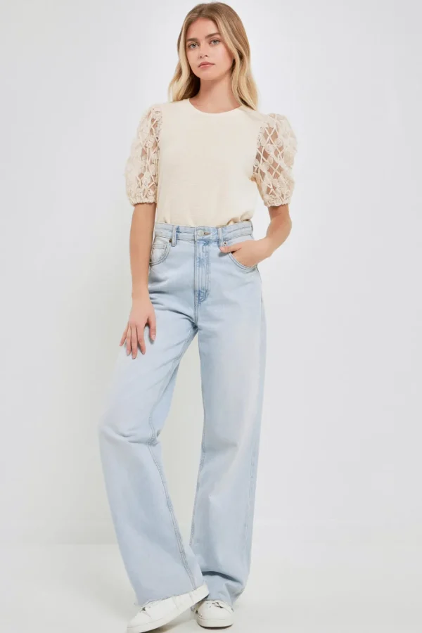 ENGLISH FACTORY Tops*- Floral Texture Sleeve Top