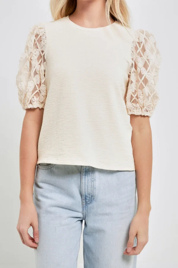 ENGLISH FACTORY Tops*- Floral Texture Sleeve Top