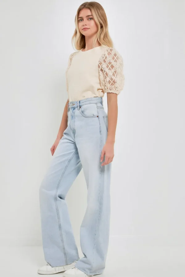 ENGLISH FACTORY Tops*- Floral Texture Sleeve Top