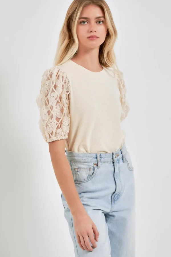 ENGLISH FACTORY Tops*- Floral Texture Sleeve Top
