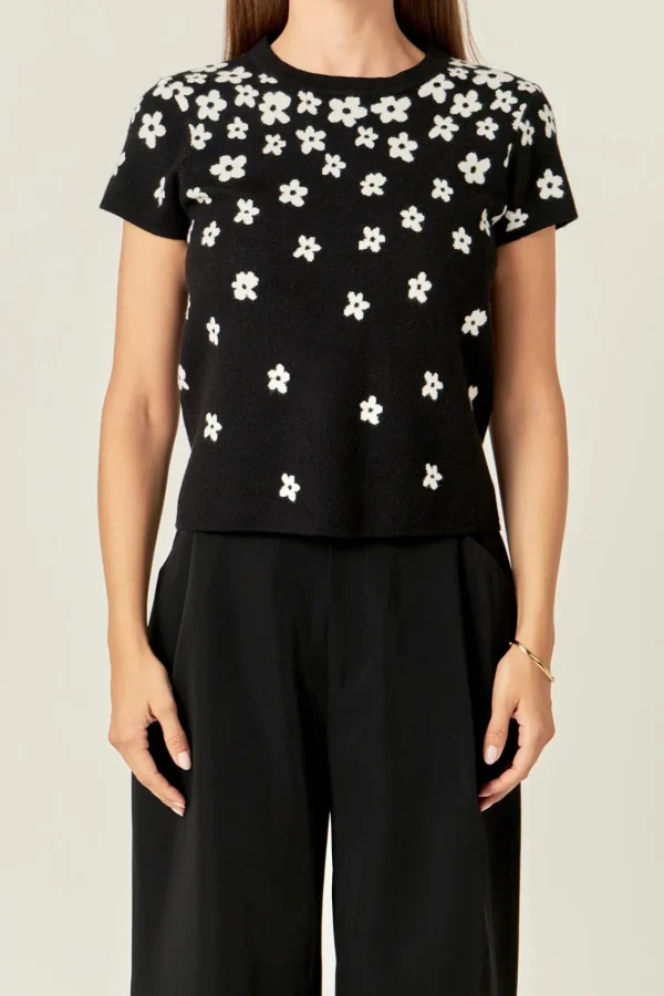ENGLISH FACTORY Tops*- Flower Knit Top BLACK/WHITE