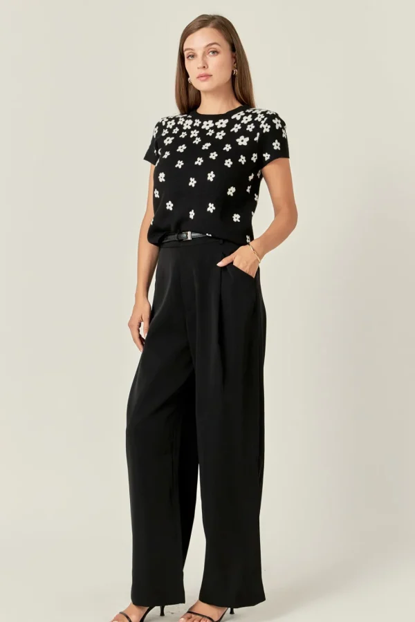 ENGLISH FACTORY Tops*- Flower Knit Top BLACK/WHITE
