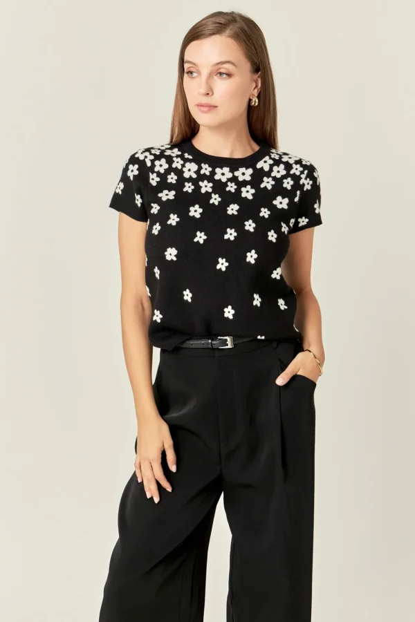 ENGLISH FACTORY Tops*- Flower Knit Top BLACK/WHITE
