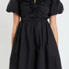 ENGLISH FACTORY Puff Sleeve | Tops*- Flower Neckline Puff Sleeve Mini Dress BLACK