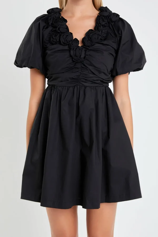 ENGLISH FACTORY Puff Sleeve | Tops*- Flower Neckline Puff Sleeve Mini Dress BLACK