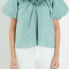ENGLISH FACTORY Tops*- Flower Neckline Puff Sleeve Top SAGE
