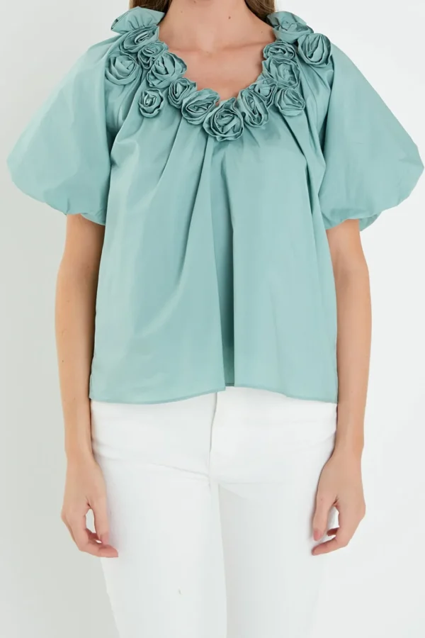 ENGLISH FACTORY Tops*- Flower Neckline Puff Sleeve Top SAGE