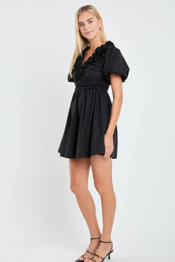 ENGLISH FACTORY Puff Sleeve | Tops*- Flower Neckline Puff Sleeve Mini Dress BLACK