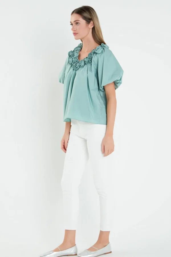 ENGLISH FACTORY Tops*- Flower Neckline Puff Sleeve Top SAGE