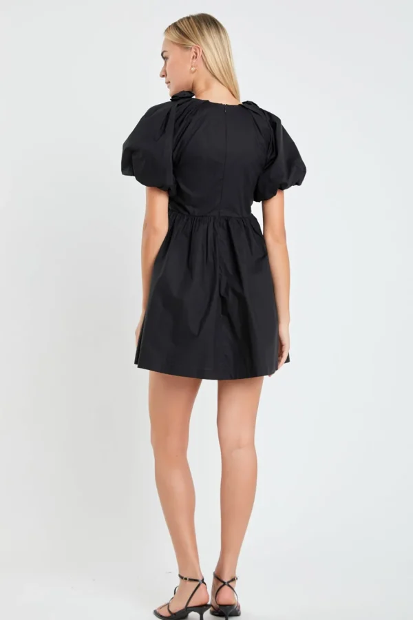 ENGLISH FACTORY Puff Sleeve | Tops*- Flower Neckline Puff Sleeve Mini Dress BLACK