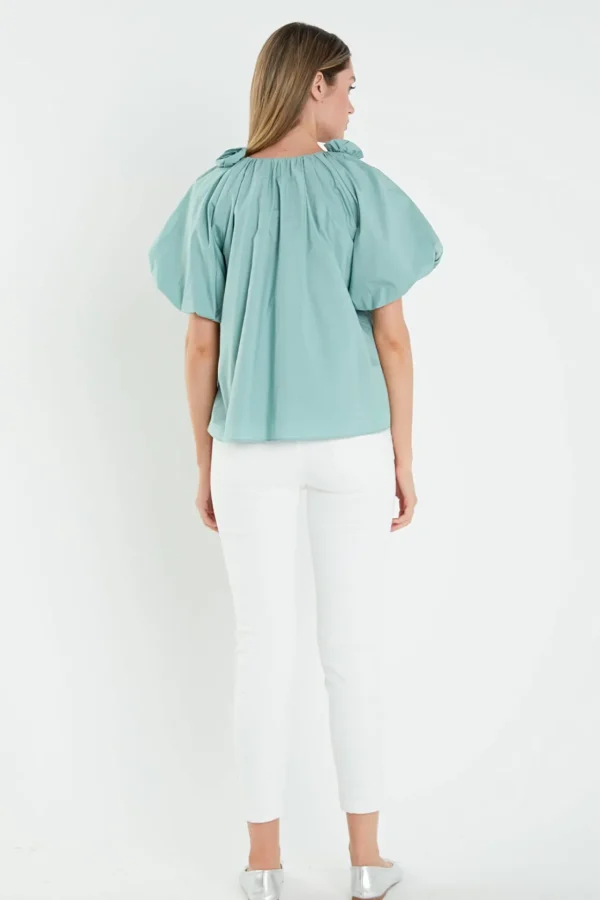 ENGLISH FACTORY Tops*- Flower Neckline Puff Sleeve Top SAGE