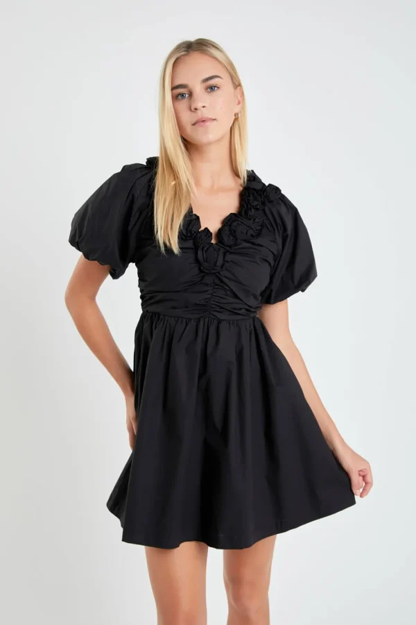 ENGLISH FACTORY Puff Sleeve | Tops*- Flower Neckline Puff Sleeve Mini Dress BLACK