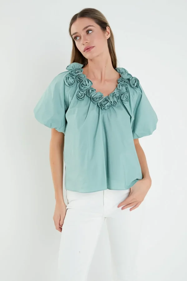 ENGLISH FACTORY Tops*- Flower Neckline Puff Sleeve Top SAGE