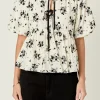 ENGLISH FACTORY Tops*- Flower Printed Puff Sleeve Top IVORY/BLACK