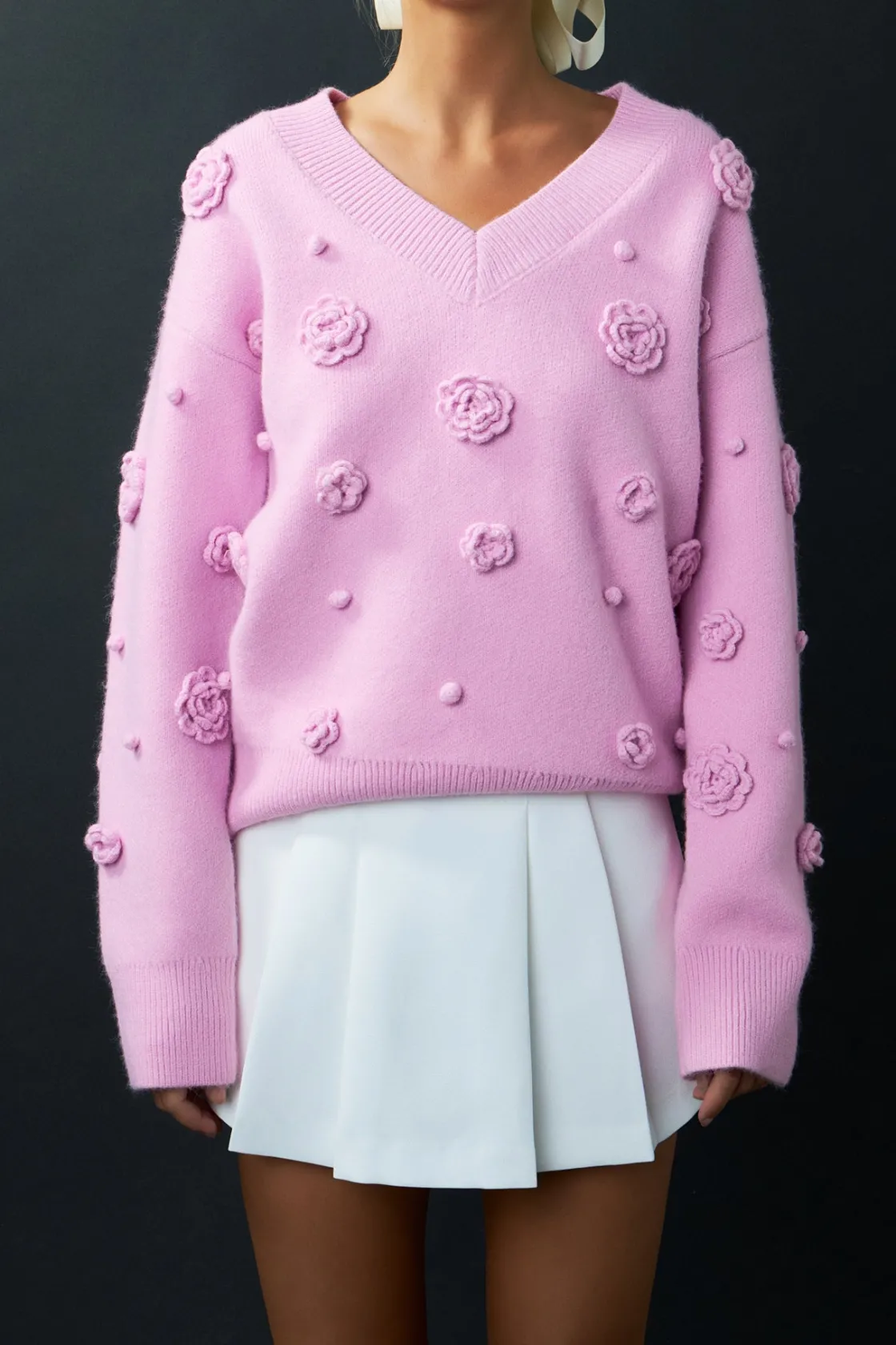 english_factory__flower_v_0.webp ENGLISH FACTORY Sweaters & Knits | Tops*- Flower V-neckline Sweater PINK