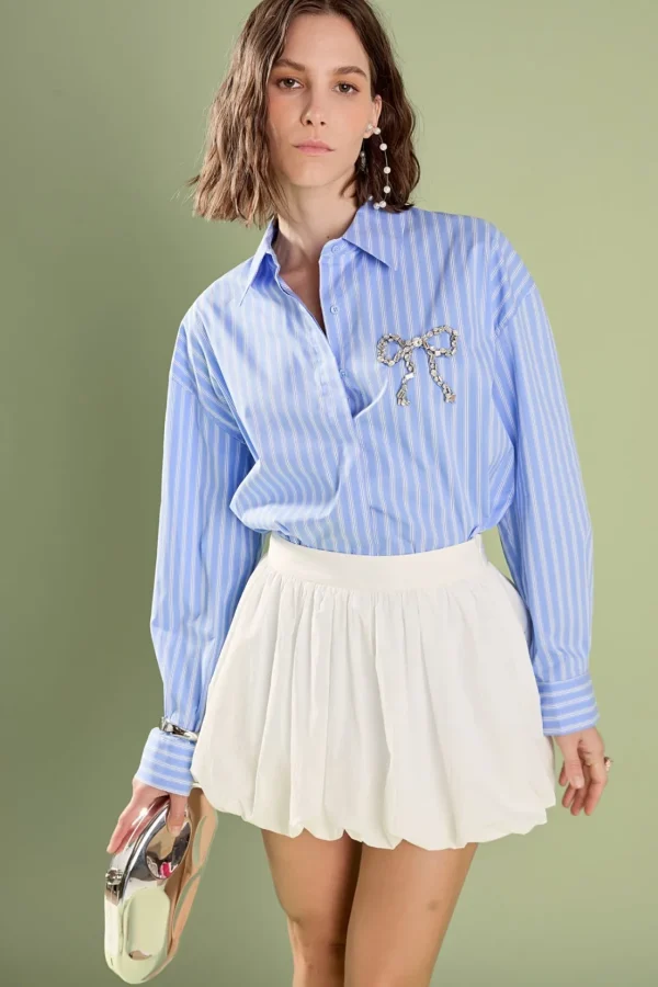 ENGLISH FACTORY Tops*- Francine Rhinestone Bow Shirt POWDERBLUE