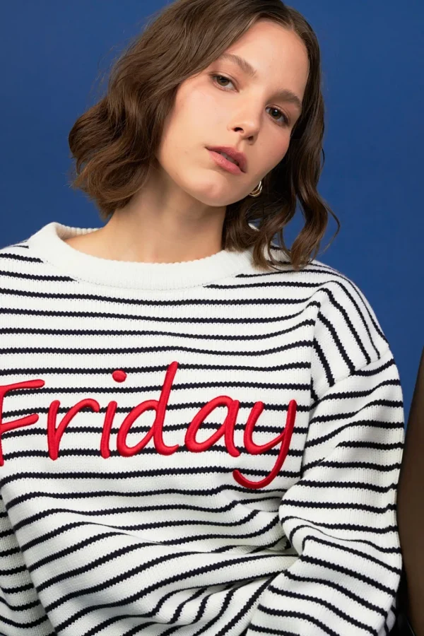 ENGLISH FACTORY Sweaters & Knits | Tops*- Friday Lettering Sweater IVORY/BLACK