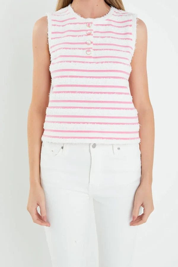 ENGLISH FACTORY Tops*- Fringed Striped Sleevless Top WHITE/PINK