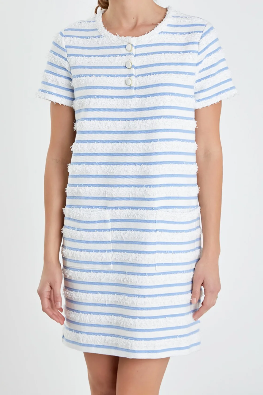 english_factory__fringed__0.webp ENGLISH FACTORY Tops*- Fringed Striped Polo Mini Dress WHITE/BLUE