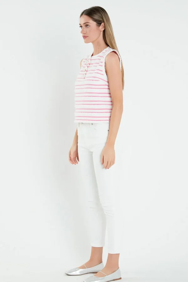 ENGLISH FACTORY Tops*- Fringed Striped Sleevless Top WHITE/PINK
