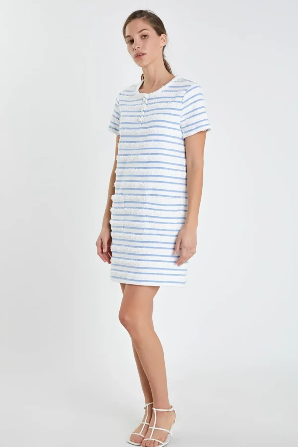 ENGLISH FACTORY Tops*- Fringed Striped Polo Mini Dress WHITE/BLUE
