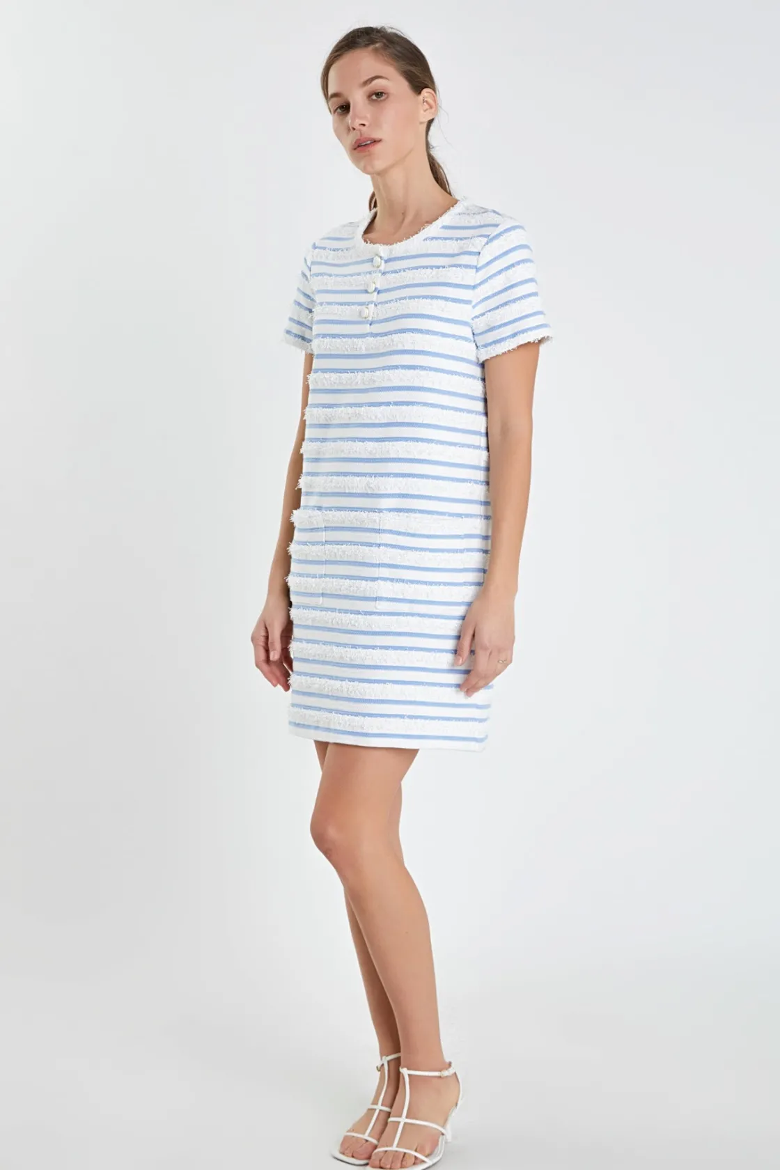 english_factory__fringed__1.webp ENGLISH FACTORY Tops*- Fringed Striped Polo Mini Dress WHITE/BLUE