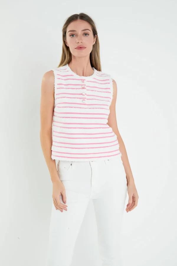 ENGLISH FACTORY Tops*- Fringed Striped Sleevless Top WHITE/PINK