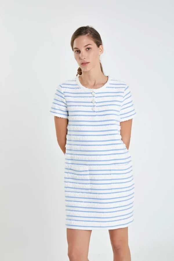 ENGLISH FACTORY Tops*- Fringed Striped Polo Mini Dress WHITE/BLUE