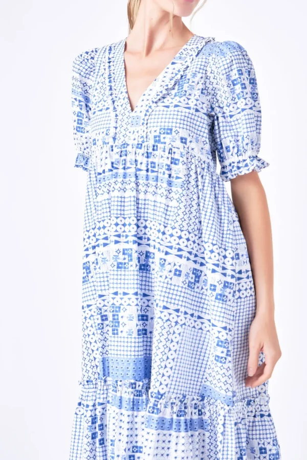 ENGLISH FACTORY Tops*- Geometric Print Tiered Midi Dress BLUE