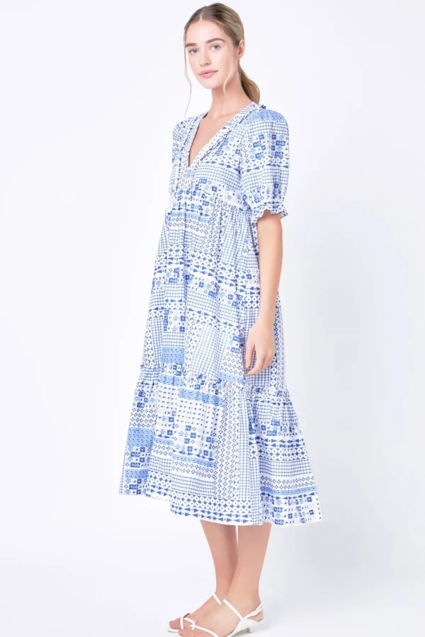 ENGLISH FACTORY Tops*- Geometric Print Tiered Midi Dress BLUE
