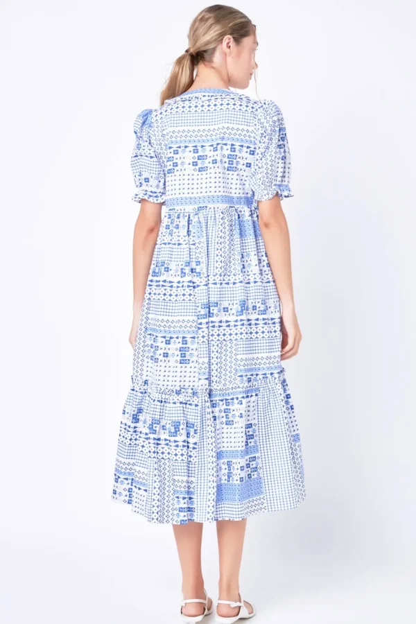 ENGLISH FACTORY Tops*- Geometric Print Tiered Midi Dress BLUE
