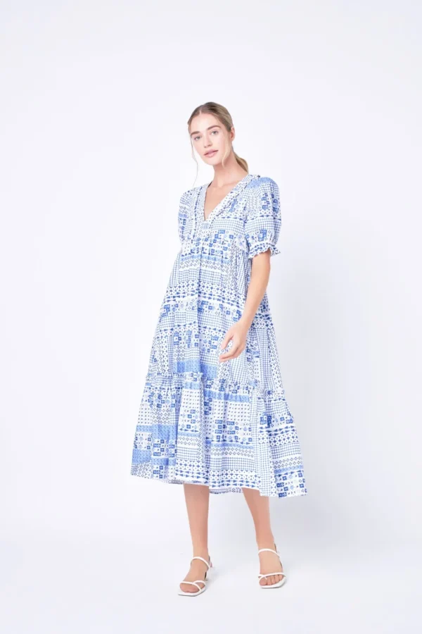 ENGLISH FACTORY Tops*- Geometric Print Tiered Midi Dress BLUE