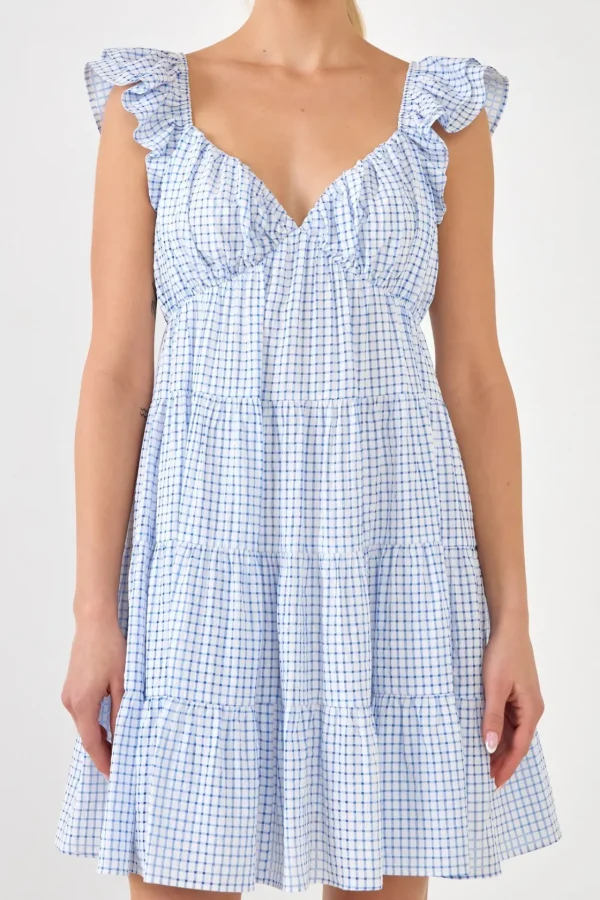 ENGLISH FACTORY Tops*- Gingham Printed Tiered Mini Dress