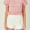 ENGLISH FACTORY Tops*- Gingham Contrast Bow Top RED