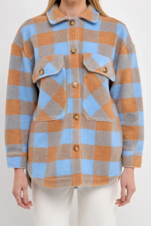 ENGLISH FACTORY Jackets & Coats | Tops*- Gingham Shacket with Front Double Pockets BLUE