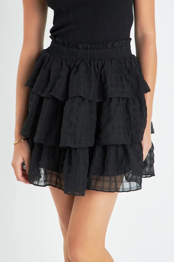 ENGLISH FACTORY Matching Sets | Skirts*- Gingham Chiffon Tiered Mini Skirt BLACK