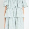 ENGLISH FACTORY Tops*- Gingham Print Tiered Dress GREEN/WHITE