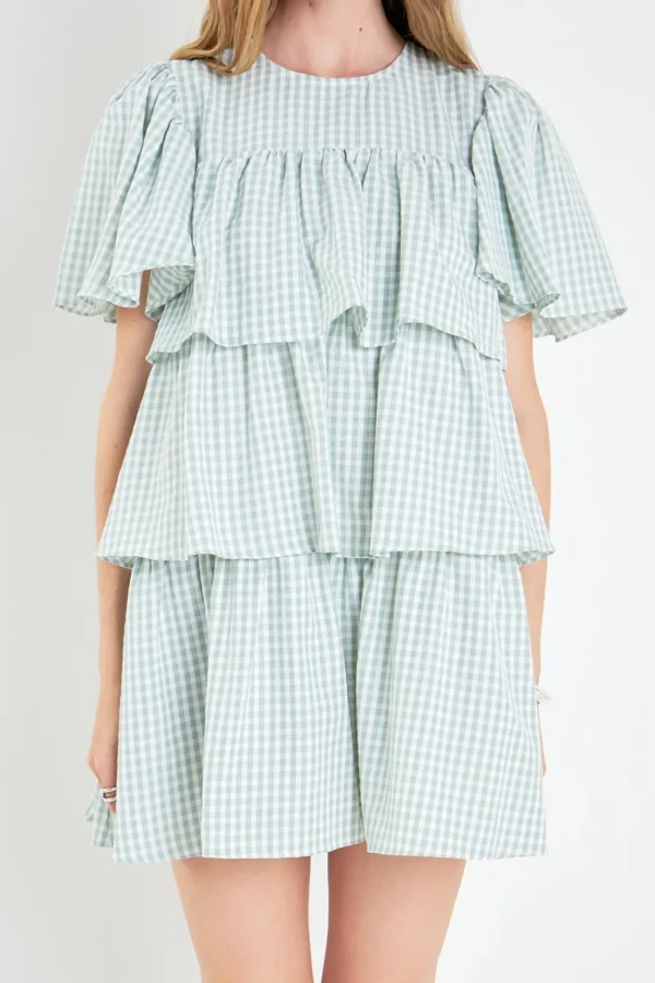 ENGLISH FACTORY Tops*- Gingham Print Tiered Dress GREEN/WHITE