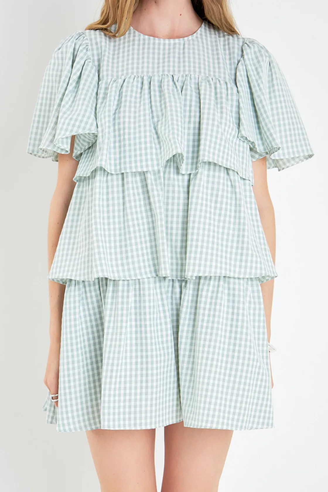 english_factory__gingham__0-2.webp ENGLISH FACTORY Tops*- Gingham Print Tiered Dress GREEN/WHITE