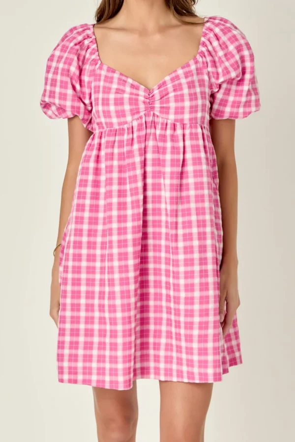 ENGLISH FACTORY Puff Sleeve | Tops*- Gingham Linen Sweetheart Baby Doll