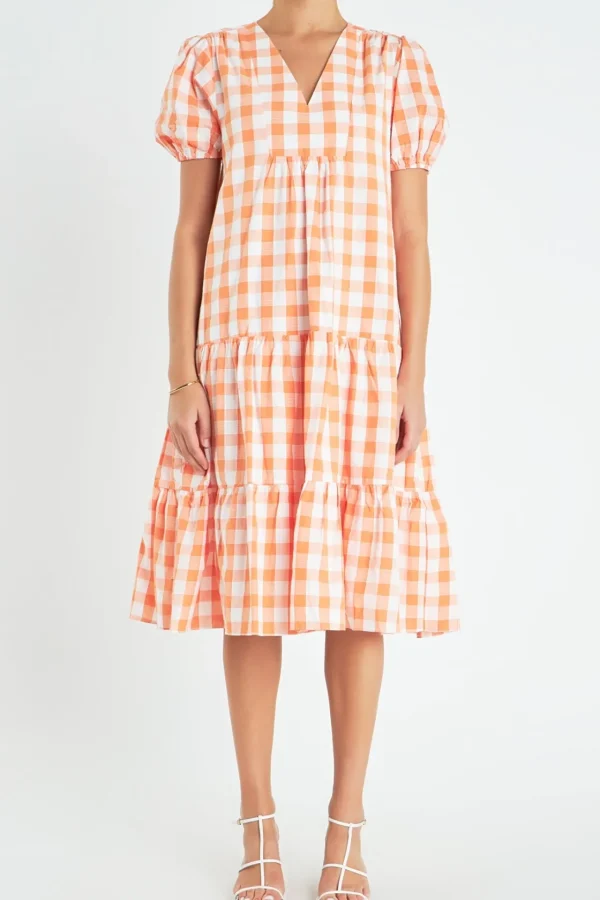 ENGLISH FACTORY Puff Sleeve | Tops*- Gingham Midi Dress ORANGE
