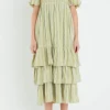 ENGLISH FACTORY Puff Sleeve | Tops*- Gingham Striped Multi Tiered Maxi AVOCADO