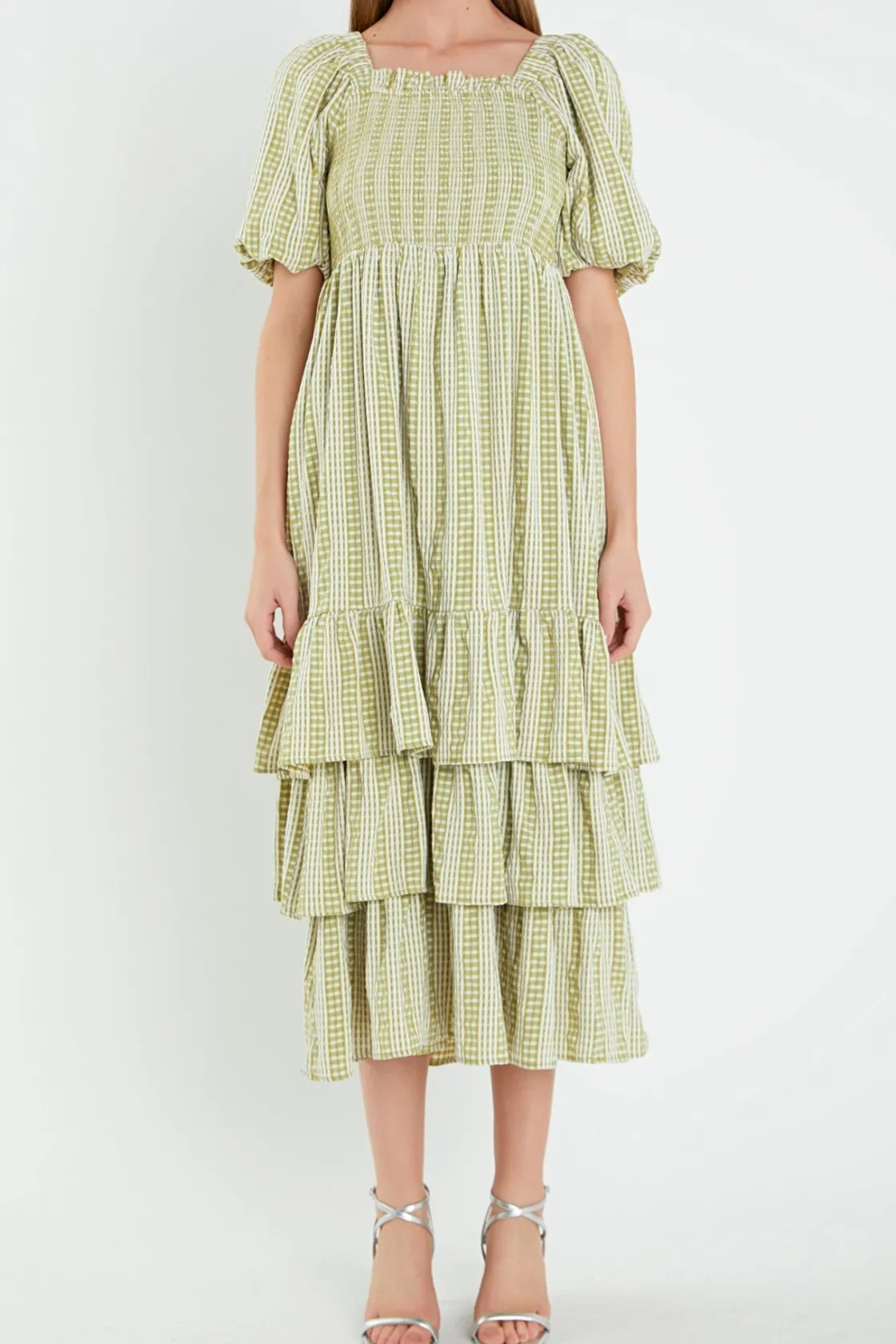 english_factory__gingham__0-28.webp ENGLISH FACTORY Puff Sleeve | Tops*- Gingham Striped Multi Tiered Maxi AVOCADO