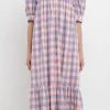 ENGLISH FACTORY Puff Sleeve | Tops*- Gingham Textured Smocked Yoke Midi Dress PINKPURPLE