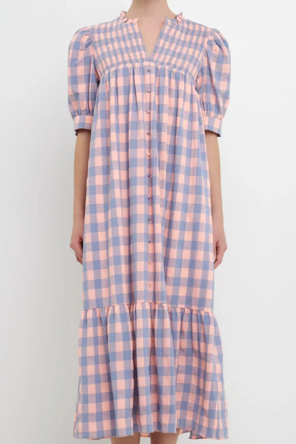 ENGLISH FACTORY Puff Sleeve | Tops*- Gingham Textured Smocked Yoke Midi Dress PINKPURPLE